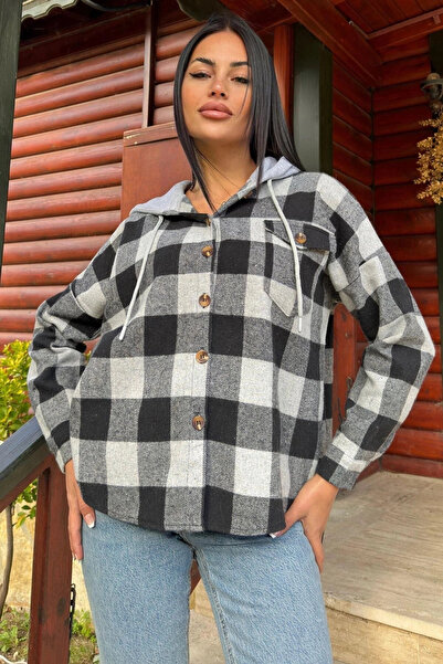 STİLVİA قميص حطاب بغطاء للرأس بنمط منقوش باللونين الأسود والرمادي