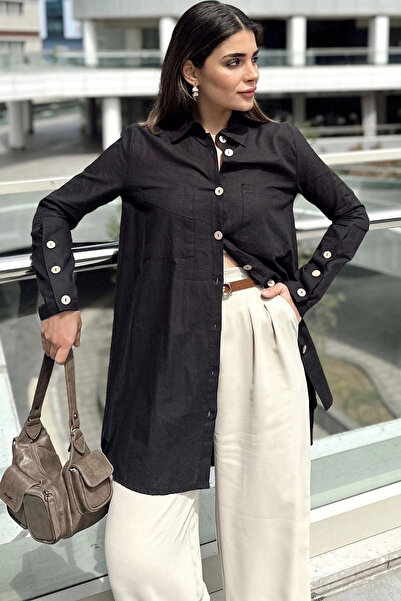 STİLVİA قميص نسائي أسود بأكمام طويلة، تفاصيل أزرار خشبية، ظهر مطوي، فضفاض وطو...