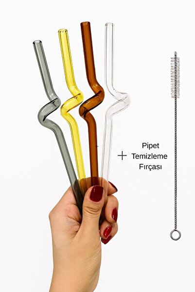 Kelepir Fırsatlar 4’lü Renkli Cam Pipet Seti + Temizleme Fırçası – Yeniden Kullanılabilir Şık Tasarım