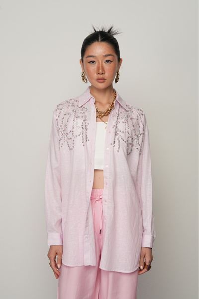 Orfeo Negro Women's Stone Embroidered Pink Color Striped Oversize Shirt