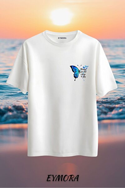 EYMORA Tricou supradimensionat alb cu aripi albastre