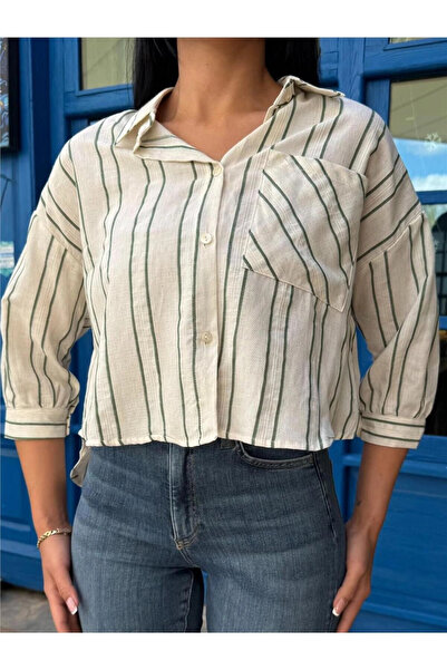 STİLVİA Green striped cotton pocketed shirt