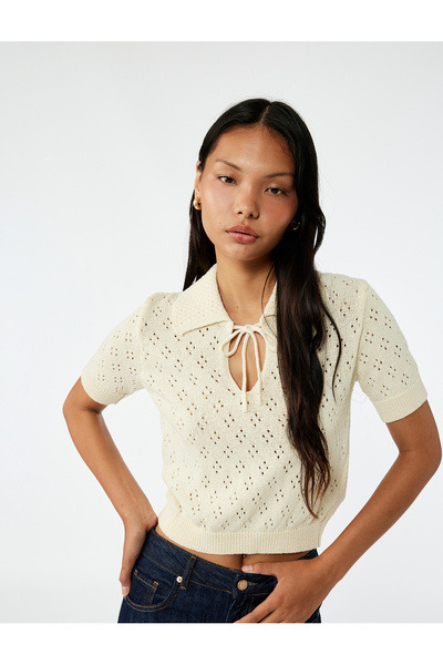 Koton Openwork Baby Collar Bow Short Sleeve Knitwear Sweater
