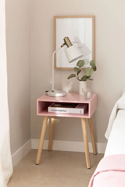 Simy “Çocuk Odası İçin Ahşap Gövde ve Ahşap Ayaklı Pembe Komodin / Yan Sehpa – Minimal Tasarım”