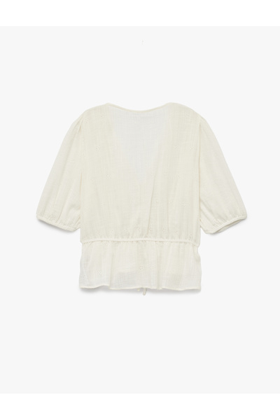 Koton V-Neck Short Balloon Sleeve Embroidered Tie-Up Detailed Blouse