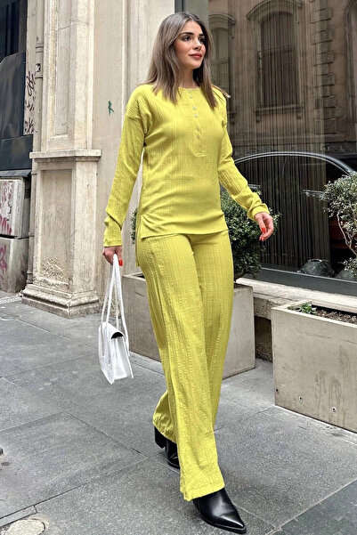 STİLVİA Women's Oil Green Buttoned Round Neck Blouse & Wide Leg Pants with El...