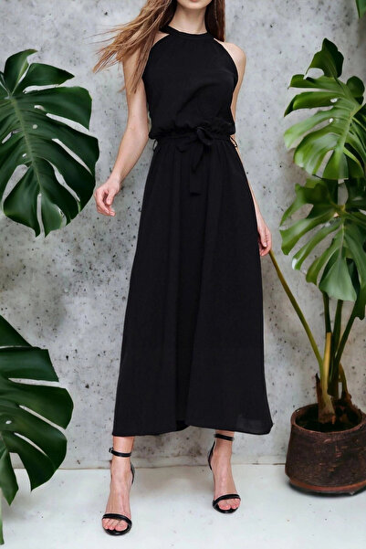 STİLVİA فستان نسائي أسود برقبة رسن بدون أكمام وحزام مفصل وقصة عادية وطول طويل...