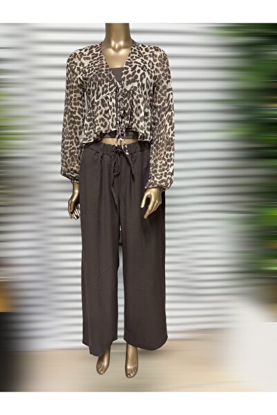 SEMİZ GİYİM Semiz Giyim Leopar Önü Bağcıklı Tül Bluz