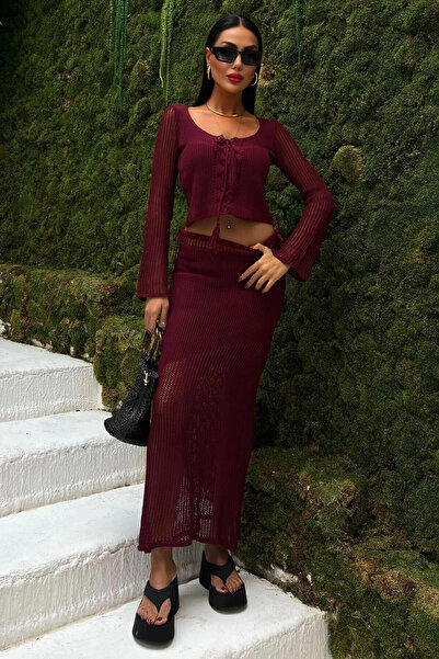 STİLVİA Women's Burgundy Knitwear Square Neck Long Sleeve Suit