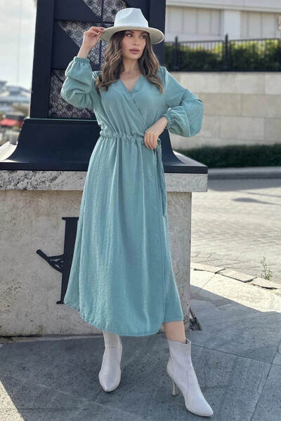 STİLVİA Rochie pentru femei, mentă, cu piept dublu, fante, talie cu centură, glezne elastice, lejeră, rochie lungă