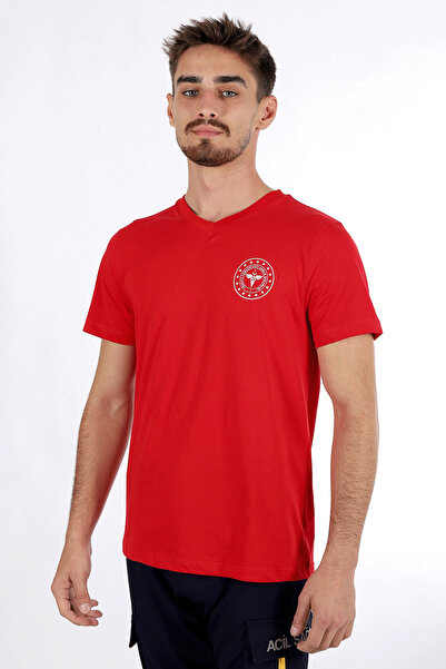 Pratik Medikal تي شيرت أحمر 112 للطوارئ على شكل حرف V للجنسين