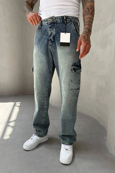MADZEYMODA Men's Cargo Pocket Distressed Blue Jean Jeans Mz0142