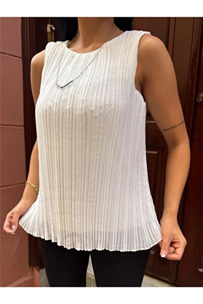 STİLVİA White Koton Viscose Pleated Sleeveless Blouse