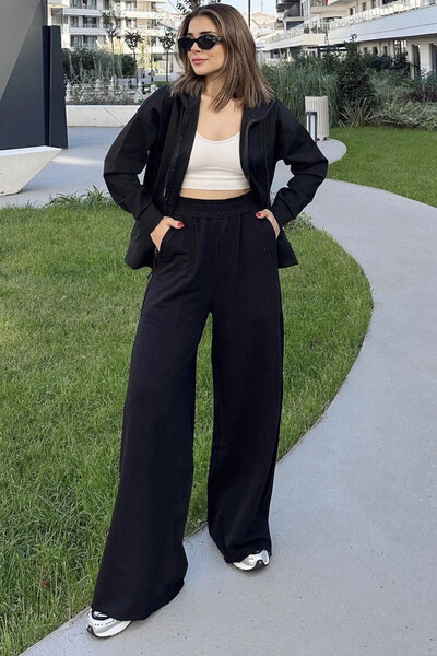 STİLVİA Femei negru cu talie elastică, buzunar, picior lat, pantaloni largi