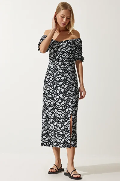Lovelyİstanbul Elastic Carmen Collar Summer Viscose Dress Lmc0016 Black Gray