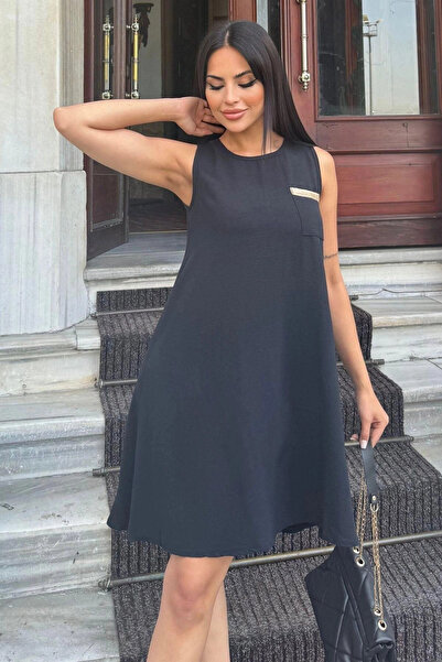 STİLVİA فستان نسائي من القش الأسود بتفاصيل جيب، إغلاق بأزرار خلفية، متوسط ​​ا...