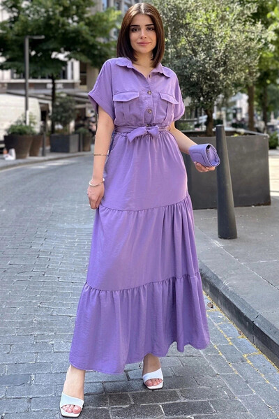 STİLVİA فستان طويل بنفسجي بأكمام قصيرة، قماش Airobin، نصف فتحة، حزام/وشاح، مط...