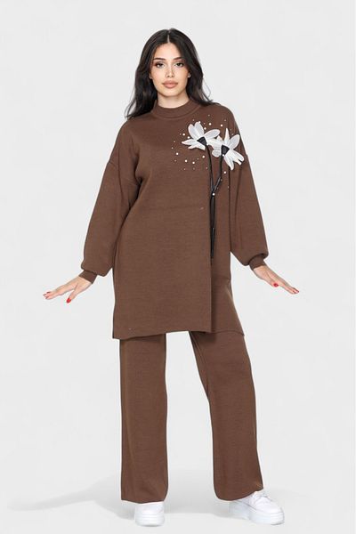 NEWCO Flower Patterned Stone Detailed Oversize Top and Wide Leg Knitwear Set Comfortable and Stylish Two-Piece Combination