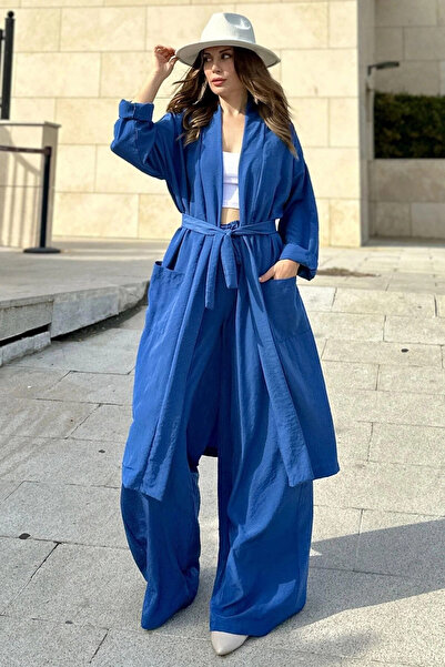 STİLVİA Kimono lung și pantaloni largi pentru damă cu buzunar dublu Indigo - Set de jos și de sus largi