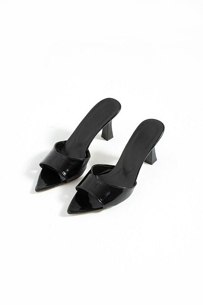 ZENNESHOES Women's Heeled Patent Leather Black Slippers