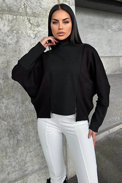 STİLVİA ياقة مدورة سوداء، قطع غير متماثلة، قماش أكريليك بروتيل، بلوزة تريكو ف...