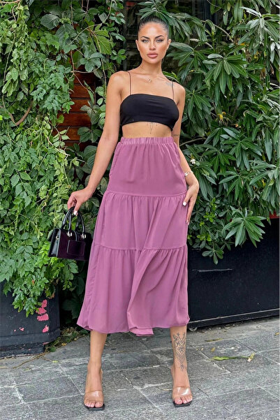 STİLVİA Women's Dusty Rose Layered Fabric, Relaxed Fit, Elastic Waist, Long C...