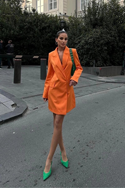 STİLVİA فستان قصير منسوج مزدوج الصدر باللون البرتقالي للنساء