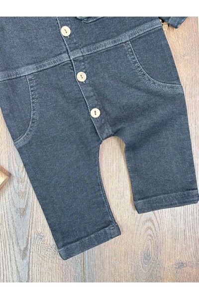 Baby Waka Yaka Detailed Front Buttoned Flexible Wide Fit Unisex Knitted Denim Baby Jumpsuit