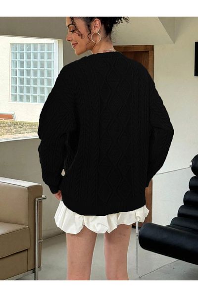 TRQOM Women's Comfortable Fit Hair Knitted Patterned Crew Neck Casual Winter Black Knitwear Sweater