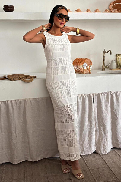 STİLVİA Women's Ecru Woven Openwork Sleeveless Long Dress