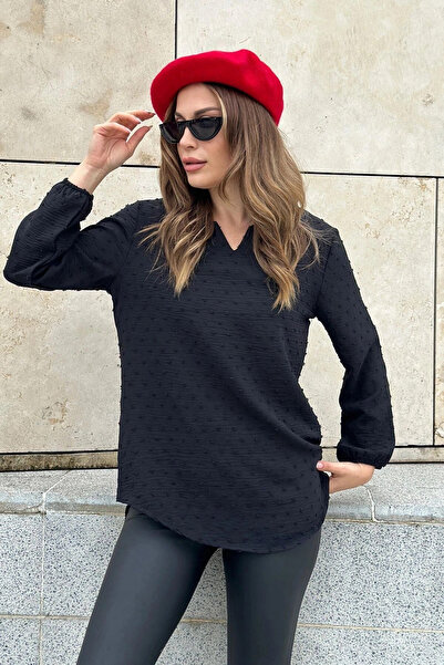 STİLVİA بلوزة نسائية سوداء بأكمام طويلة ثلاثة أرباع، ياقة قبلة، قماش بوم بوم ...