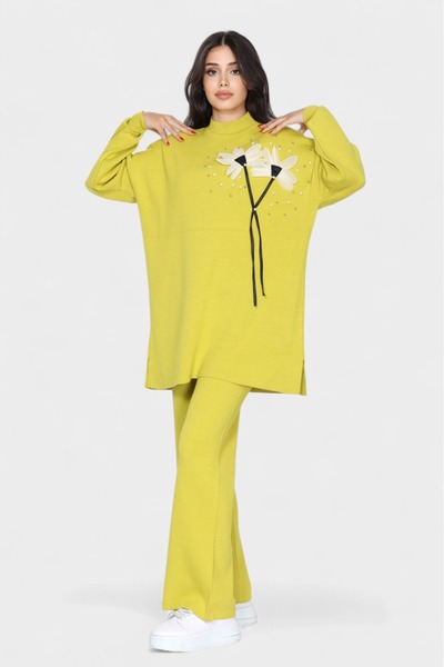 NEWCO Flower Patterned Stone Detailed Oversize Top and Wide Leg Knitwear Set Comfortable and Stylish Two-Piece Combination