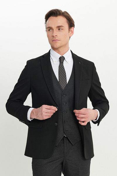 ALTINYILDIZ CLASSICS Men's Black-Anthracite Slim Fit Slim Fit Mono Collar Cover Pocket Vest Suit