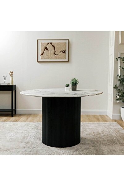 Vanity Living Dining Table - Avellino Round White & Black Ash Marble