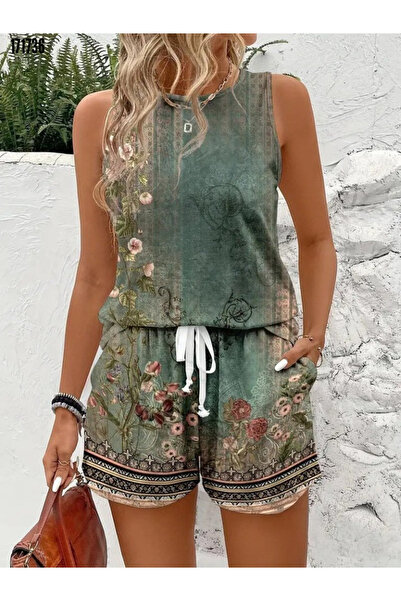 MODA Women's Double Suit | Strappy Floral Patterned Blouse and Shorts Single Jersey Fabric