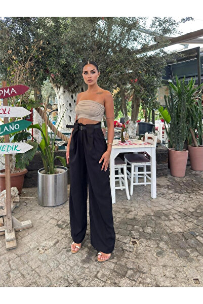 STİLVİA Black Linen Blend Belted Trousers