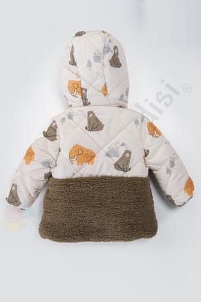 Ofislot Bear Inside Plush Fur Pocket Zippered Thick Hooded Inflatable Snow Winter Baby Boy Coat Children's Coat