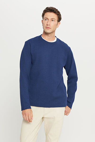 AC&Co / Altınyıldız Classics Чоловічий темно-синій бавовняний стандартний крій, прямий крій, велосипедна горловина, світло-сірий нагрудний шов, світло-сірий комір, світло-