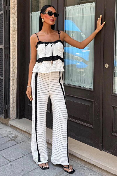 STİLVİA Women's Ecru Cotton Polyester Strap Long Knitwear Set