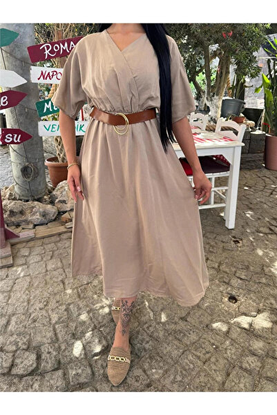 STİLVİA Beige Double Breasted Midi Straight Belted Dress
