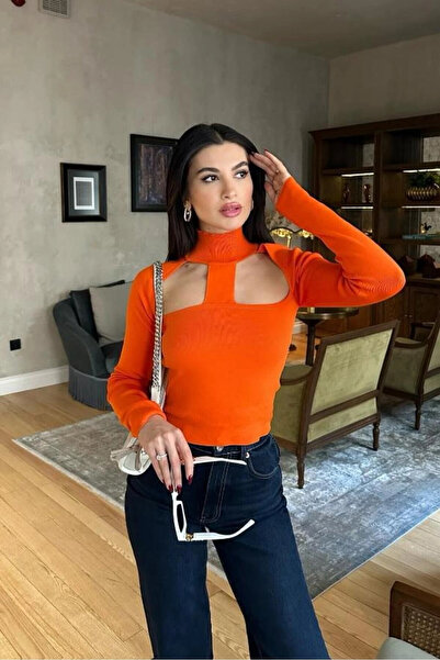 STİLVİA بلوزة قصيرة من الأكريليك البرتقالي نصف ياقة مدورة للنساء
