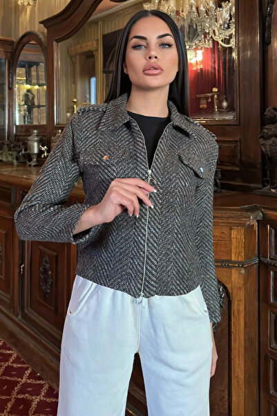 STİLVİA Coffee Herringbone Patterned, Zippered, Short Stamp Jacket