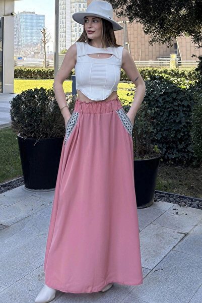 STİLVİA Women's Pink Elastic Waist, Pockets Straw Embroidered, Comfortable Fi...