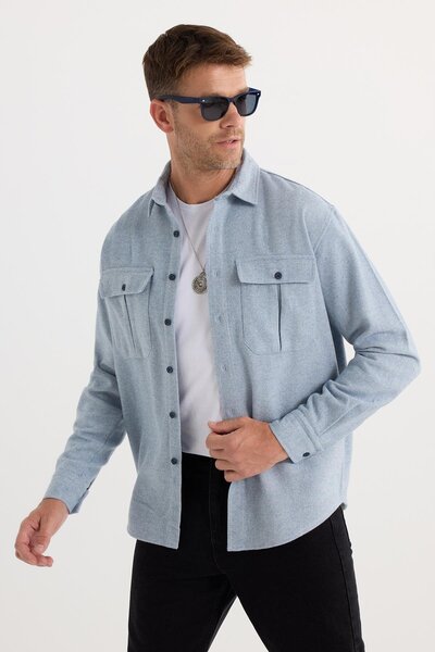 Tudors Men's Relax Fit Relaxed Fit Lumberjack Double Pocket Button down Solid Blue Winter Shirt