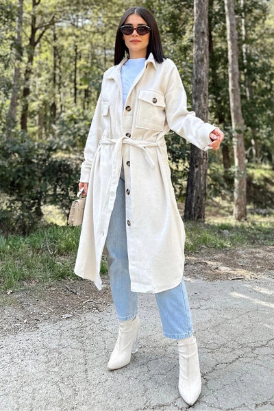 STİLVİA Women's Ecru Long Sleeve, Double Pocket, Oval Cut the Skirt, Belt, Ca...