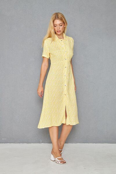 LOOKMEG Women's Yellow Floral Button Short Sleeve Stylish Dress