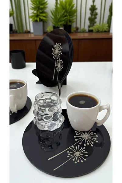 ASUDE HEDİYELİK 2 Pieces Plexiglass Round Tea, Coffee, Serving Tray Presentation Tray 15 cm Dandelion