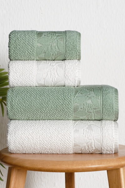 DNZGÜLCAN Leaf Pattern 4-Piece Bath Towel Set Turkish Bath Set 100% Cotton