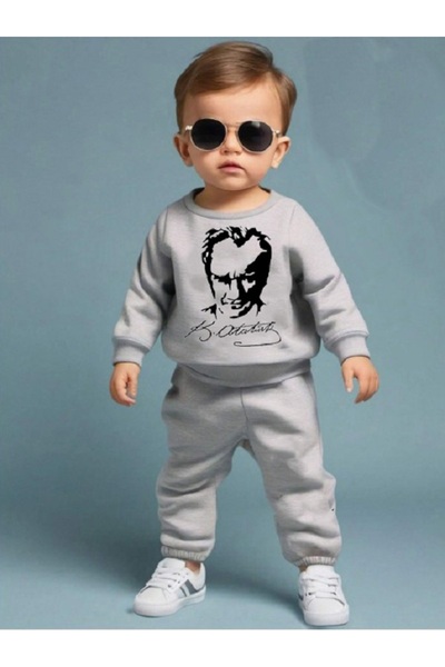 bebekpare Boy's Bottom Top Set Atatürk Gray (Non-Shardon Fabric) 100% Cotton