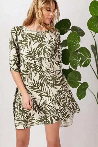 STİLVİA Γυναικείο μοτίβο με πράσινα φύλλα μακριά μανίκια κανονική κοπή Midi μ...